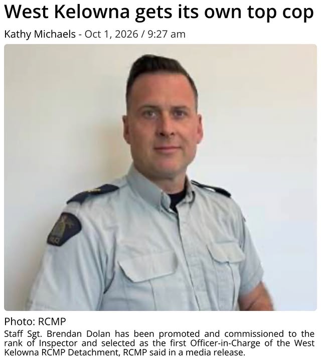 Very excited to have Brendan Dolan as our first-ever Officer in Charge here in West Kelowna. He has been promoted to the rank of Inspector, and I can assure you that our community is in excellent hands. Congratulations, Brendan—I’m really l